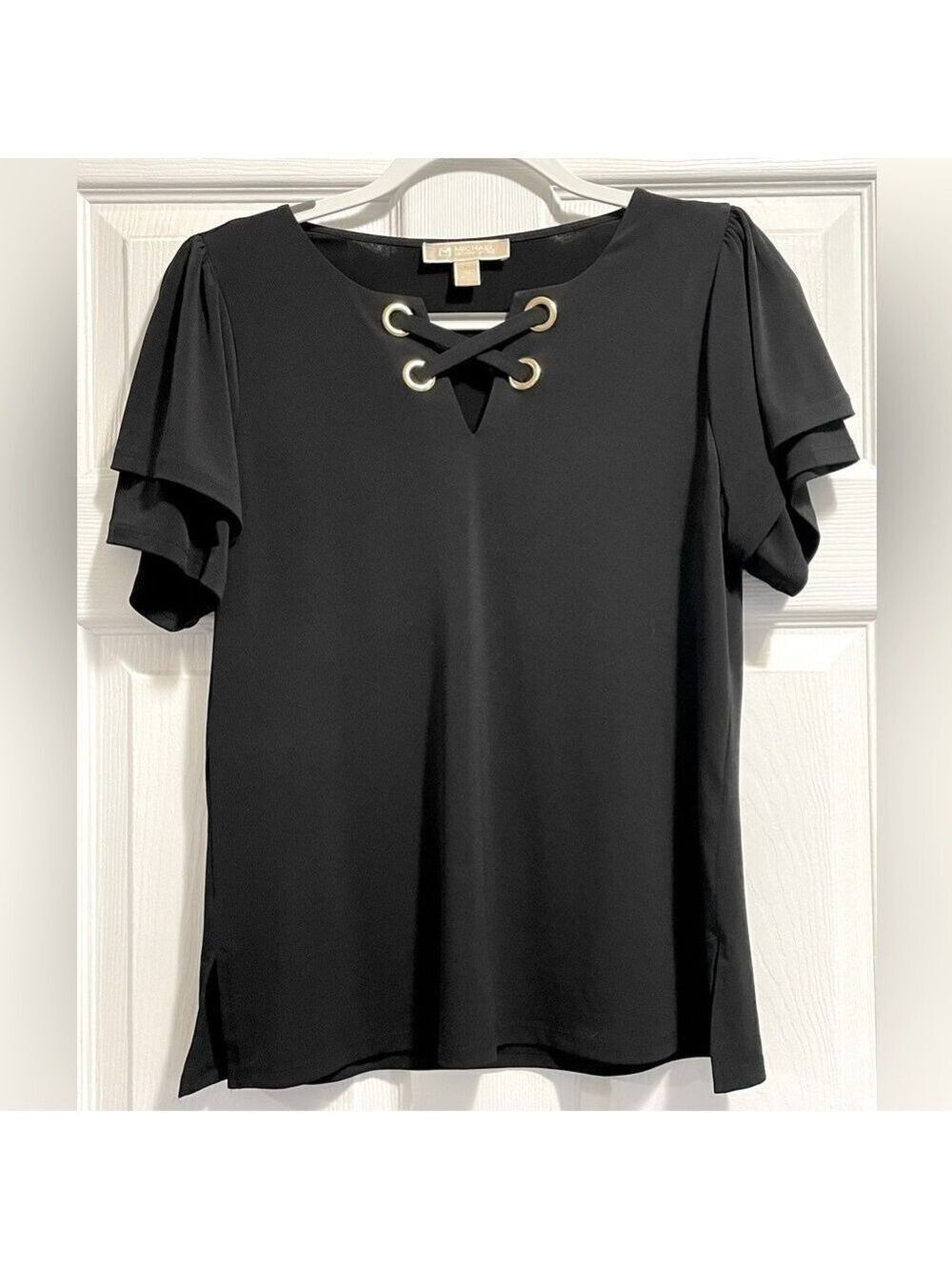 Michael Kors Black Top Gold Rings Criss Cross Front V Neck Short Sleeve Blouse M